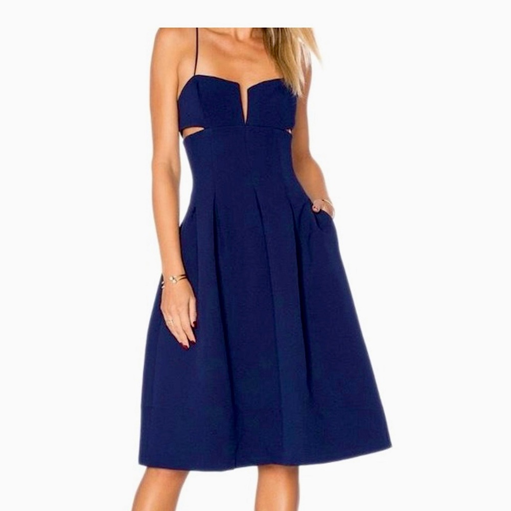 Navy Box Pleat Mid Length Cocktail Dress